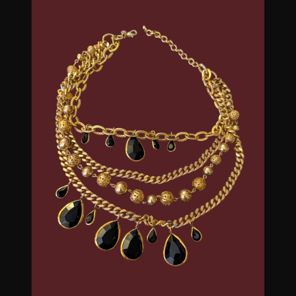Vintage HSN Gold Chunky Multi Layer Black Acrylic Stone Statement Necklace 18.25